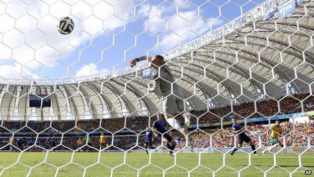 Tim Cahill scores for Australia against the Netherlands