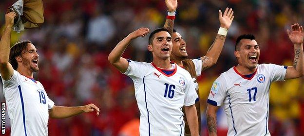 Chile team celebrate after 2-0 victory over Spain