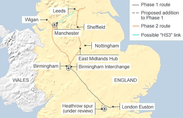 Map of HS2 with additional possible HS3 link