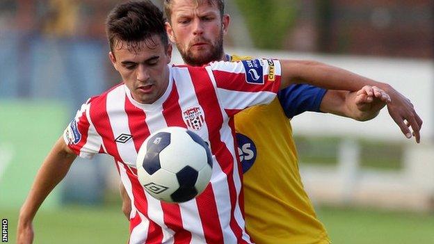 Derry City's Mark Timlin shields the ball from Dundalk's Dane Massey