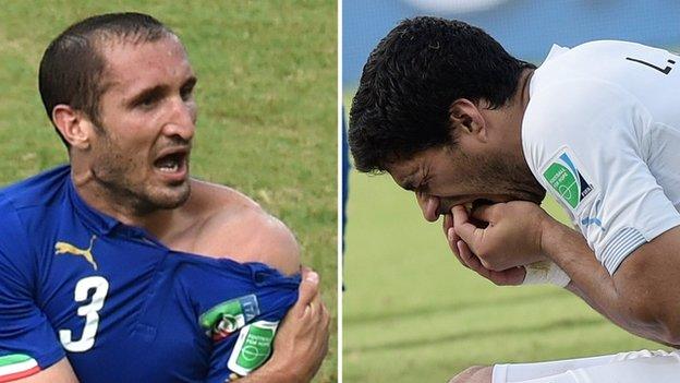 Italy defender Giorgo Cheillini (left) and Uruguay striker Luis Suarez