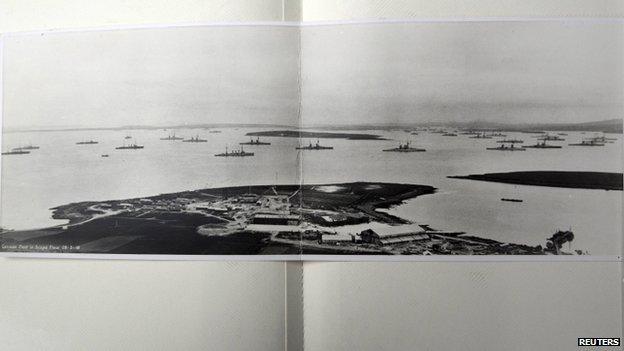 The interned German battle fleet is seen in this handout picture provided by the Gibson family, taken in 1919, at Scapa Flow in the Orkney Islands