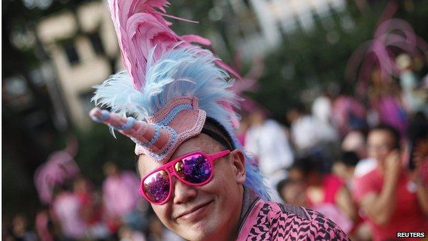 A participant dressed in pink enjoys a picnic before taking part in the forming of a giant pink dot at the Speakers" Corner in Hong Lim Park in Singapore on 28 June 2014.