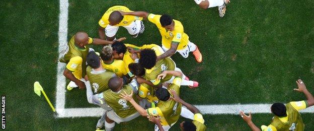 Brazil team celebrate opening goal