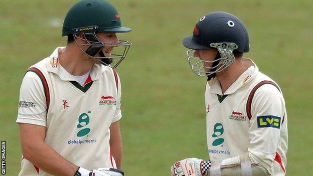 Leicestershire"s Greg Smith (L) and Angus Robson