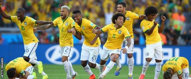 Brazil players celebrate after Gonzalo Jara misses the final penalty