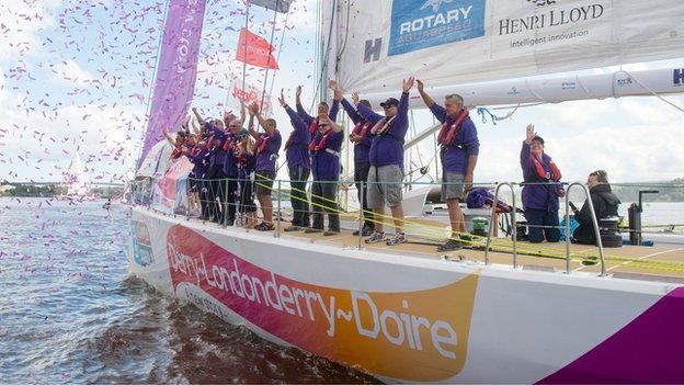 The Derry-Londonderry-Doire yacht crew, who won the home leg of the race last week, waved goodbye to their city