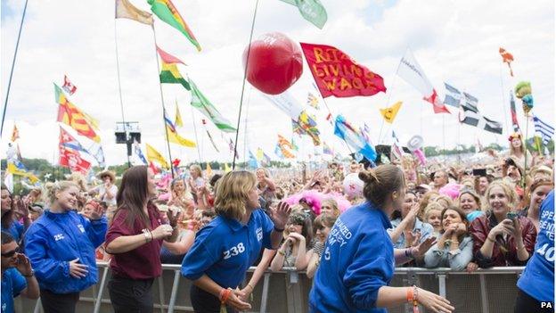 Festival staff dancing at Glastonbury