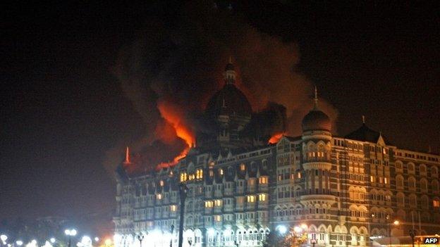 A fire breaks out of the Taj hotel in Mumbai during the attacks in 2008