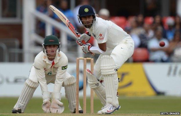 Cheteshwar Pujara of India batting during the Tour Match between Leicestershire and India at Grace Road on June 26, 2014 in Leicester, England.