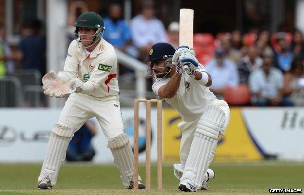 Virat Kohli of India batting during the Tour Match between Leicestershire and India at Grace Road on June 26, 2014 in Leicester, England.