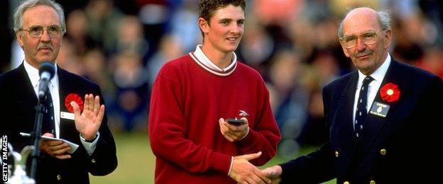 In 1998, leading amateur Justin Rose (centre) receives the silver medal after the British Open at Royal Birkdale Golf Club in Lancashire