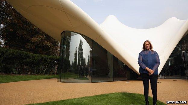 Zaha Hadid outside her design for the Serpentine Sackler Gallery in London