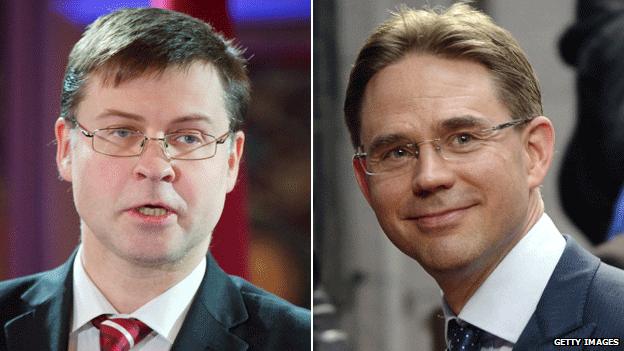 Latvia's former PM Valdis Dombrovskis (L) and Finland's Jyrki Katainen are expected to be in the new team