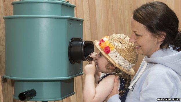 Child and woman looking at optical instrument at Porth y Swnt