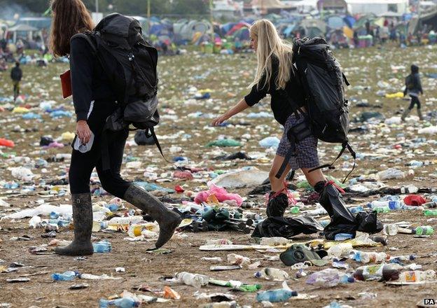 Festival-goers leaving Glastonbury