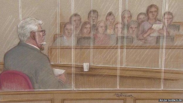 A court sketch of the Rolf Harris jury delivering its verdicts