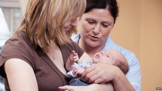 Mum, baby and widwife