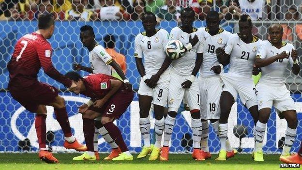 Portugal's Cristiano Ronaldo (L) takes a free kick during the 2014 World Cup Group G soccer match against Ghana at the Brasilia national stadium in Brasilia on 26 June 2014