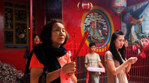 Ethnic Chinese pray at a temple in Indonesia