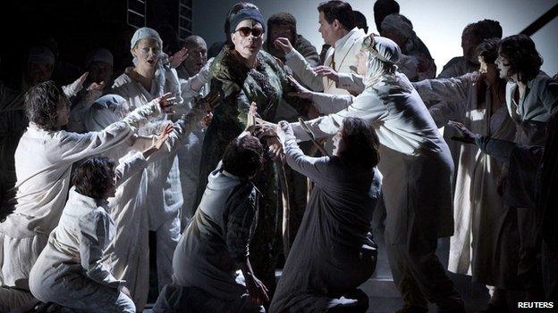 Cast members perform in the English National Opera's production of Julian Anderson's opera Thebans in London April 30, 2014