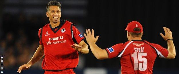 Lancashire bowler Sajid Mahmood celebrates taking Vincent's wicket in one of the games in question