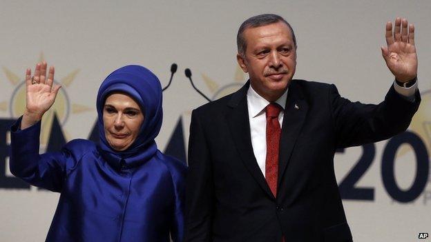 Turkish PM Recep Tayyip Erdogan and his wife Emine Erdogan salute his ruling party members in Ankara, Turkey, 1 July 2014