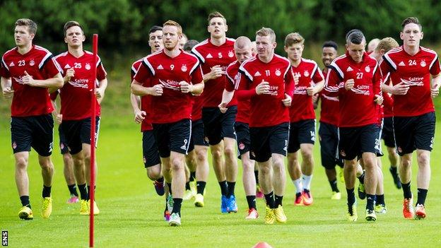 The Aberdeen squad prepare for the game with Daugava Riga