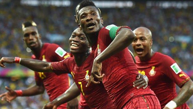 Ghana's Asamoah Gyan celebrates scoring against Germany