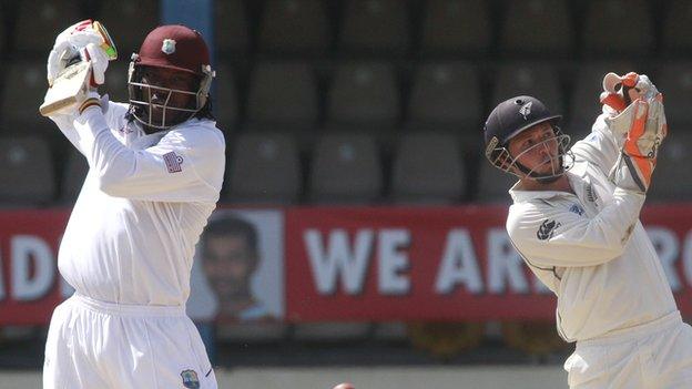 West Indies' Chris Gayle and New Zealand's BJ Watling