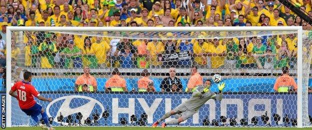 Gonzalo Jara misses his decisive penalty kick against Brazil