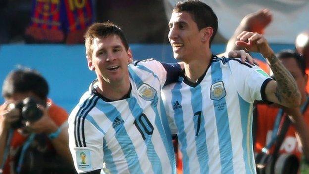 Argentina's Lionel Messi and Angel Di Maria celebrate