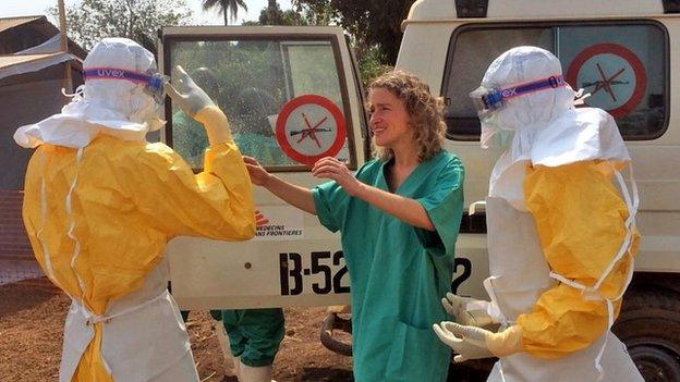 Healthcare workers from Medecins Sans Frontieres in Gueckedou, Guinea - 28 March 2014