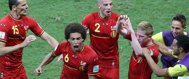 Kevin De Bruyne celebrates his opener for Belgium