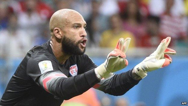 US goalkeeper Tim Howard reacts during a Round of 16 football match between Belgium and USA at Fonte Nova Arena in Salvador during the 2014 FIFA World Cup 1 July 2014