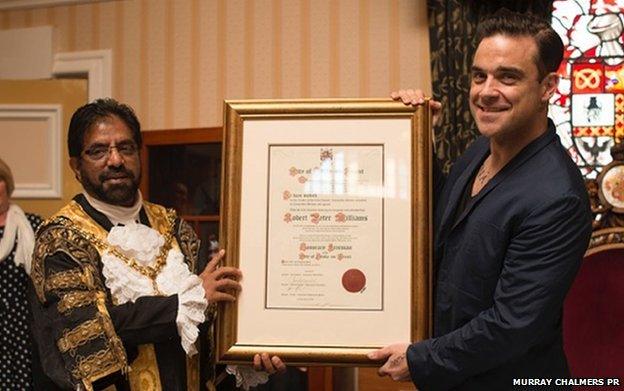 Robbie Williams receives the freedom of Stoke-on-Trent