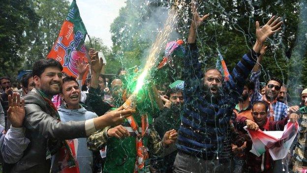 Bharatiya Janata Party (BJP) supporters celebrate party's victory in general elections on May 17, 2014