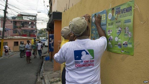 Employees of the Dominican Ministry of Public Health stick posters on a wall during an information campaign to prevent the spread of the mosquito which transmits the Chikungunya virus, in the district of "La Agustinita", in Santo Domingo, on May 30, 2014