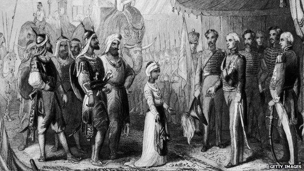 The young maharajah submits to Sir Henry Hardinge at the end of the Anglo-Sikh War