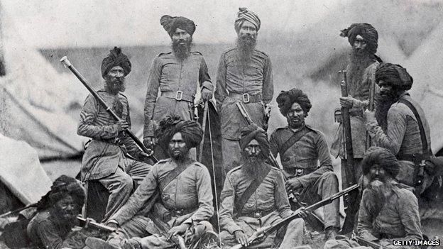 Sikh soldiers in the British 15th Punjab Infantry Regiment in 1858