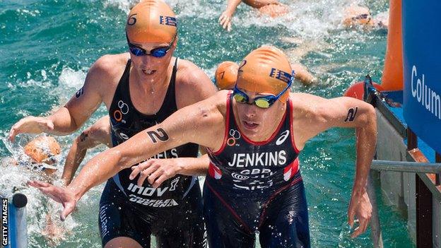 Helen Jenkins emerges from the water during the Chicago triathlon