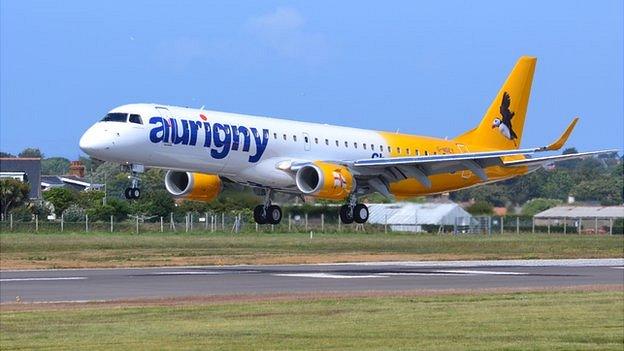 Aurigny Embraer 195 landing at Guernsey Airport for the first time