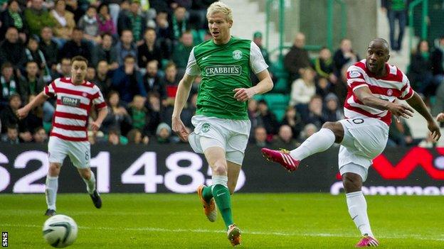 Jason Scotland scores against Hibernian for Hamilton Accies