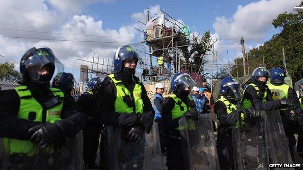 Police in riot gear at Dale Farm