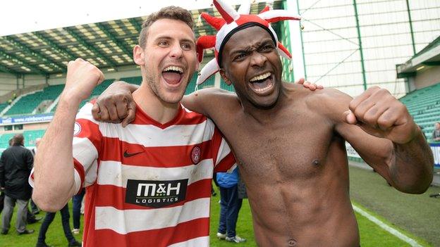 Jason Scotland (right) has signed a new deal at Hamilton Accies