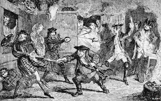 Rob Roy by Sir Walter Scott. Caption: Fray in Jeanie MacAlpine's Public-House. First published 1817. RR: Robert Roy