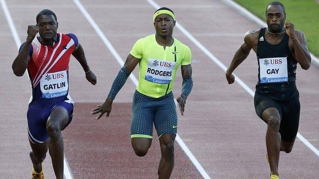 Justin Gatlin (left), Mike Rodgers (centre), Tyson Gay (right)