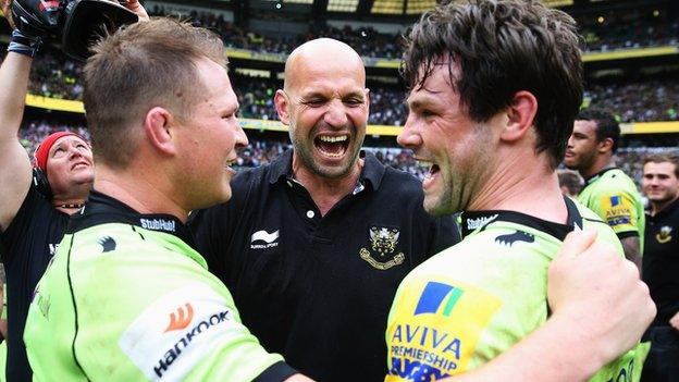 Dylan Hartley, Jim Mallinder and Ben Foden celebrate winning the Premiership title