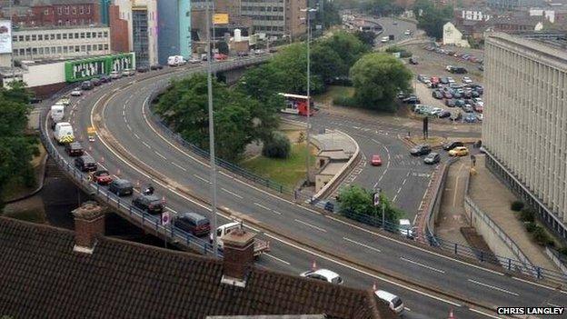 Traffic on the A38 coming into Birmingham, taken from Aston University