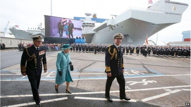 The Queen and the Duke of Edinburgh in front of HMS Queen Elizabeth